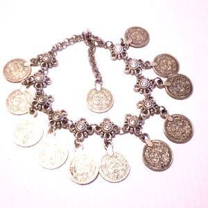 Vintage Eastern Dangling Coin Inspired Silver Tone Bracelet or Anklet